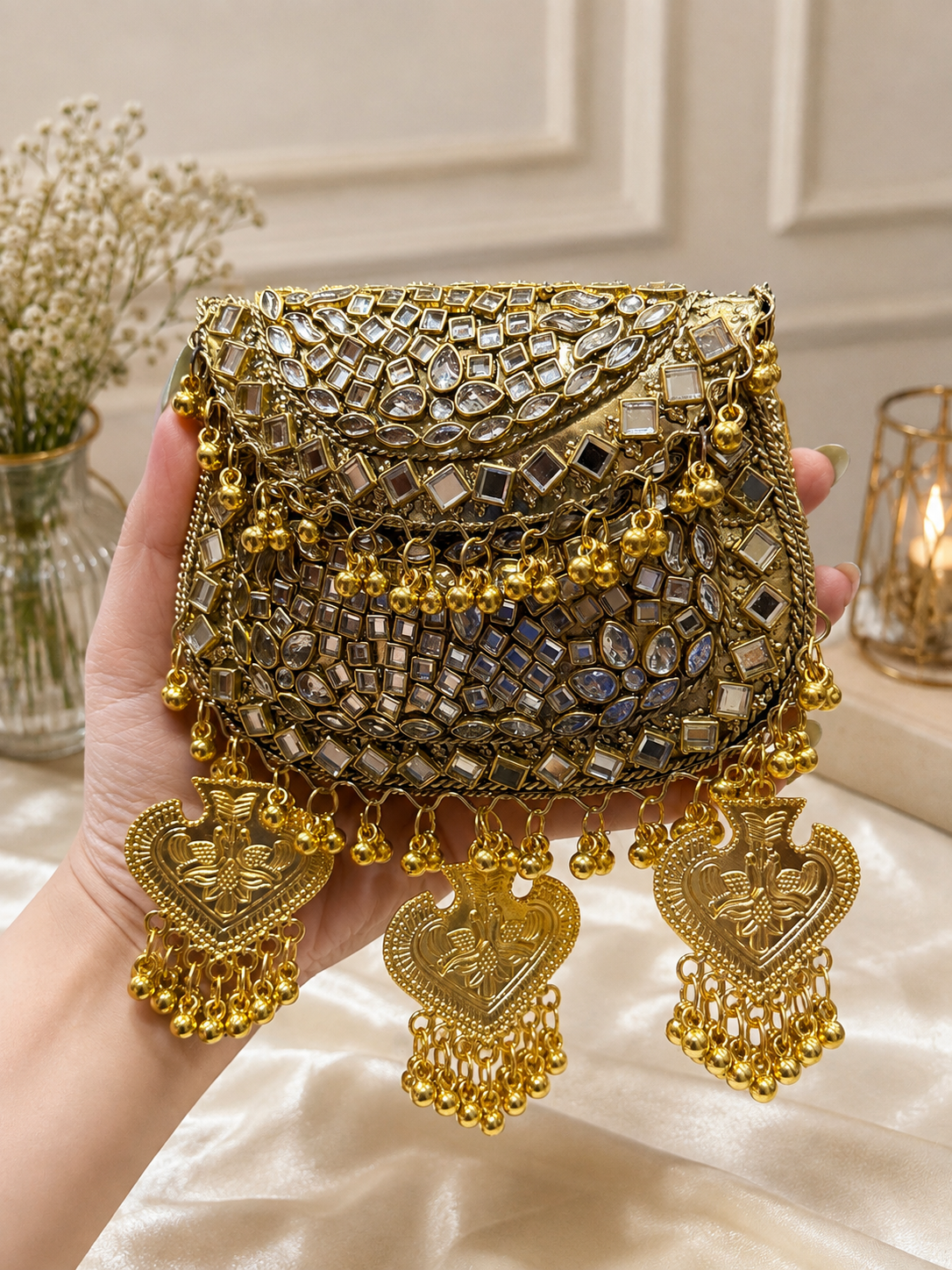 Royal Gold Embellished Mini metal Clutch