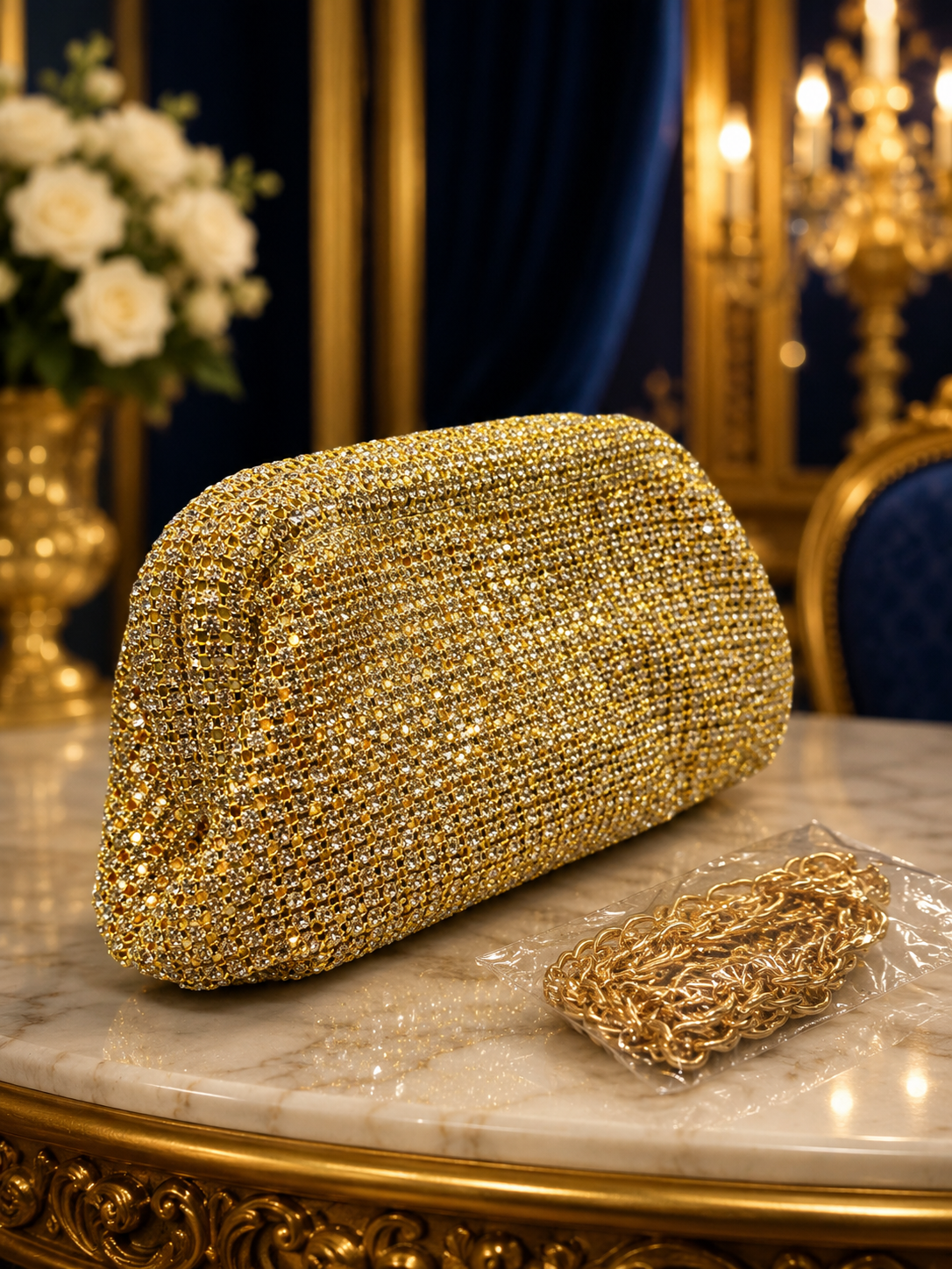 Gold evening embellished clutch