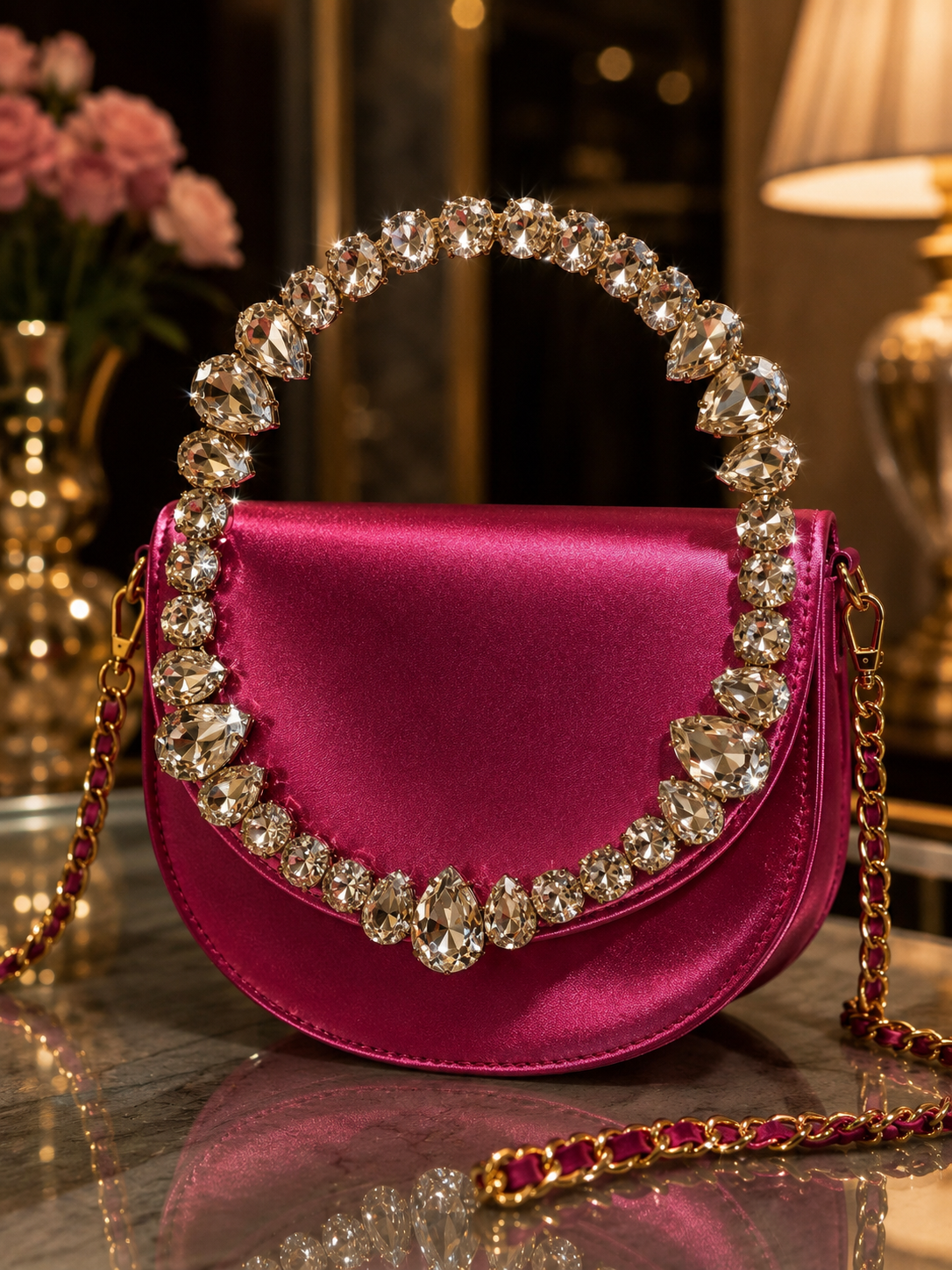 Luxury Shiny Crystal handle stones hand bag