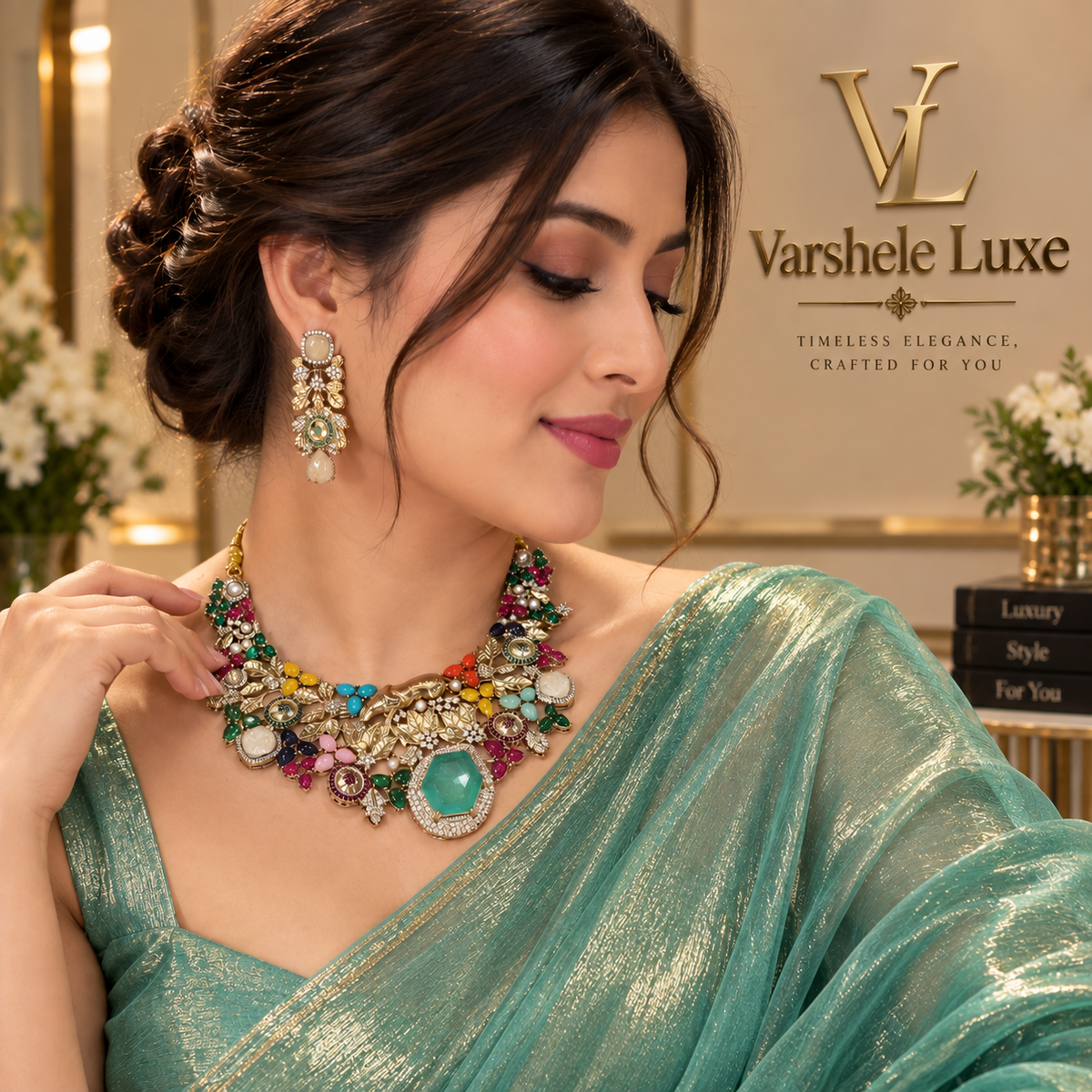 Royal Multicolor Emerald Statement Necklace Set