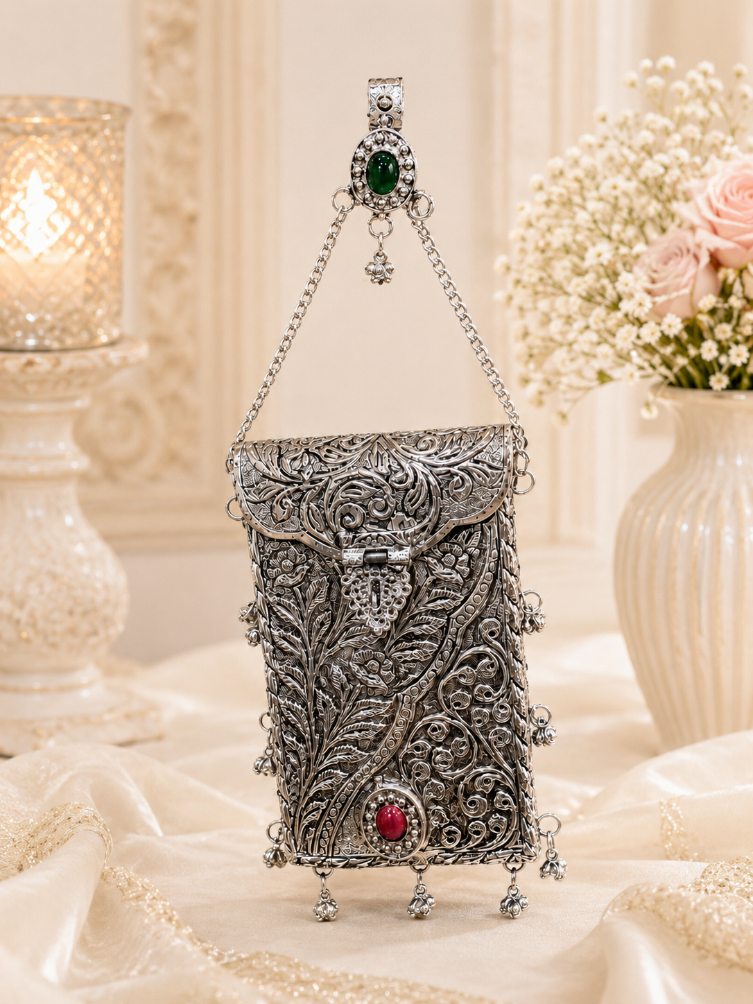 Silver metal mobile waist clutch
