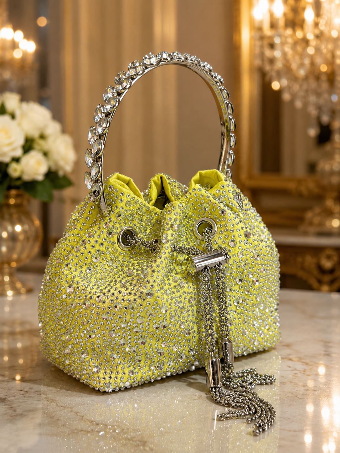 Yellow rhinestones evening bag
