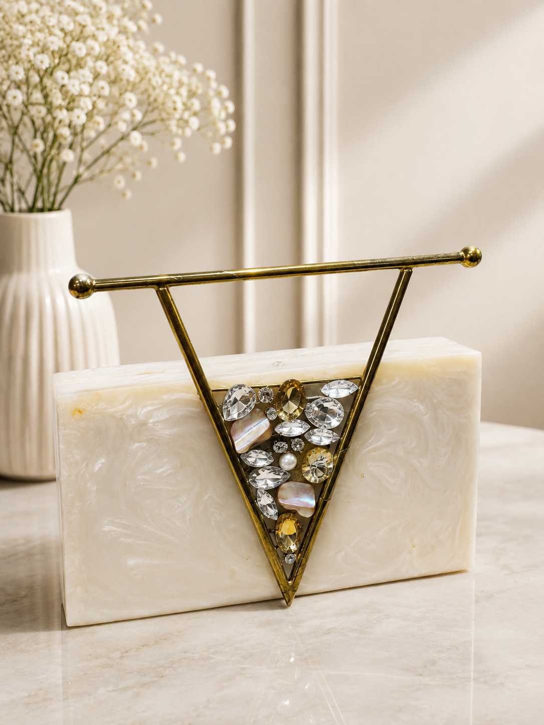 Ivory Luxe V-Frame Crystal Clutch