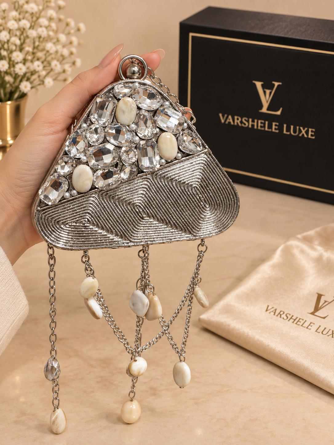 Silver Pearl Crystal Mini Metal clutch Clutch