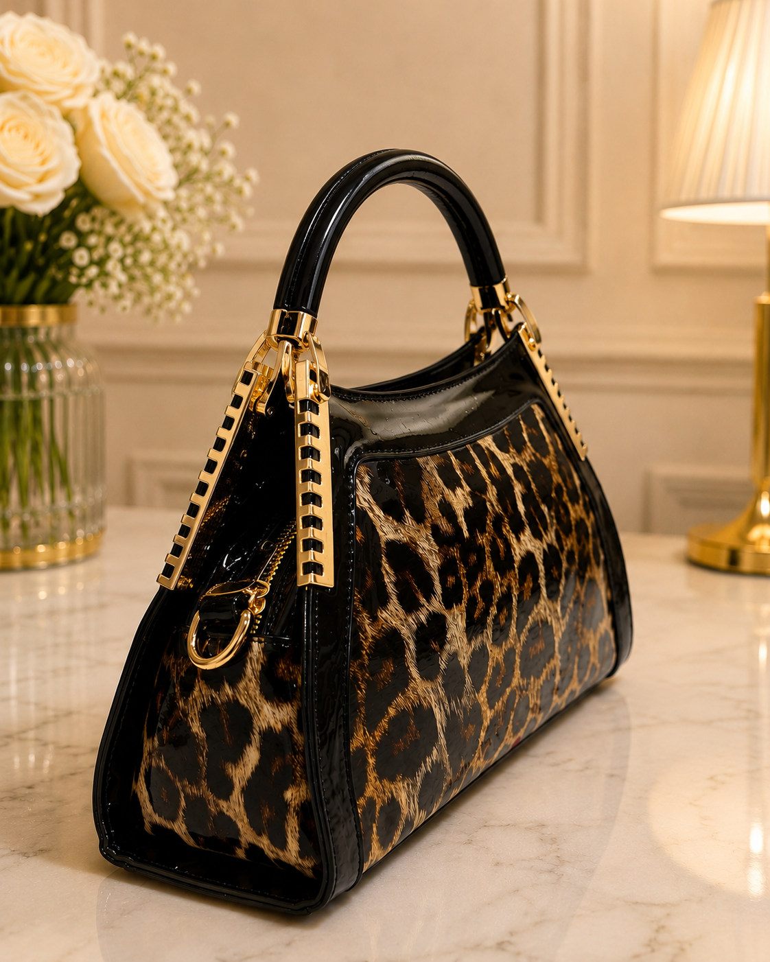 Noir Glossy Leopard Luxe hand/shoulder  Bag