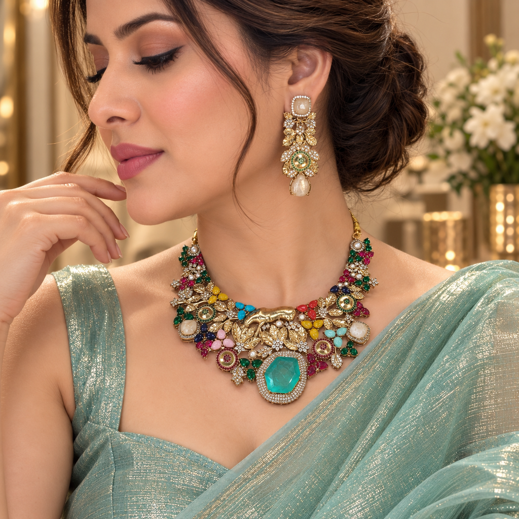 Royal Multicolor Emerald Statement Necklace Set