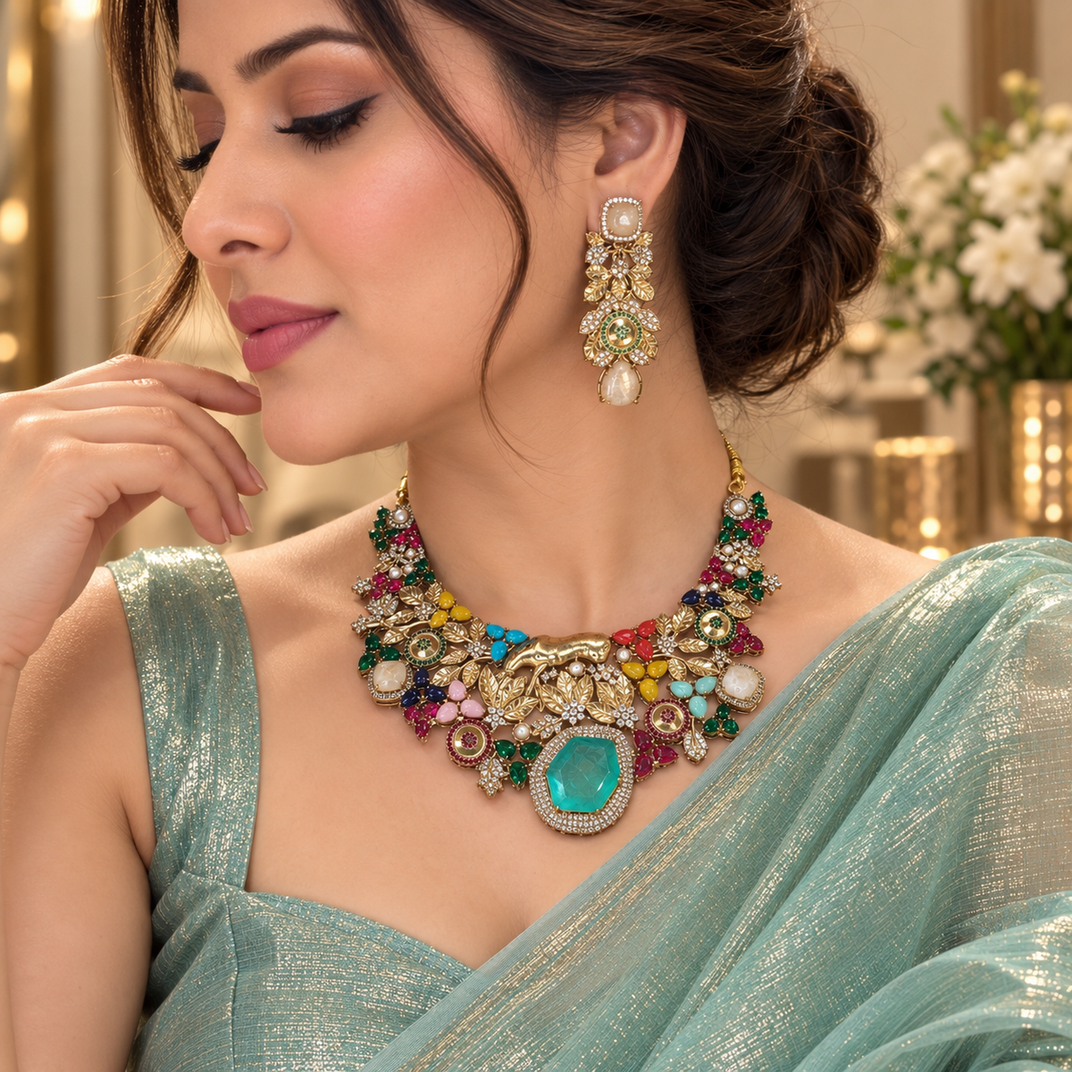 Royal Multicolor Emerald Statement Necklace Set