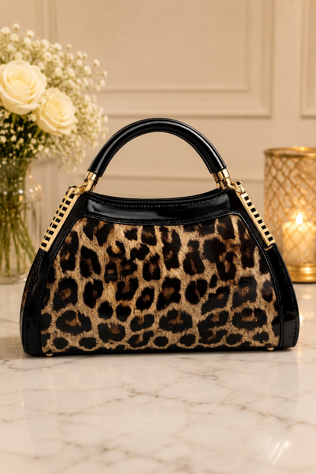 Noir Glossy Leopard Luxe hand/shoulder  Bag