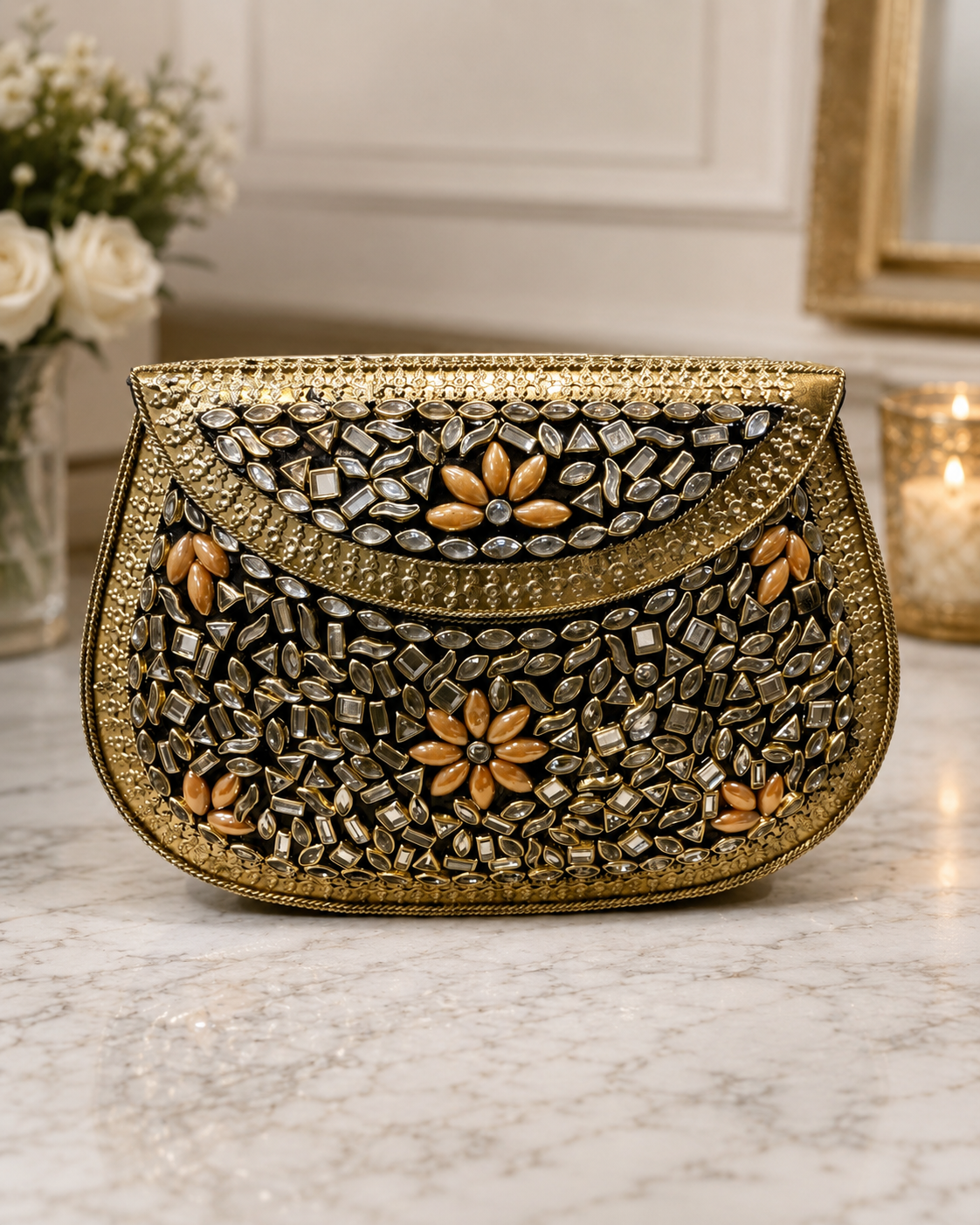 Regal Bloom Gold metal Clutch