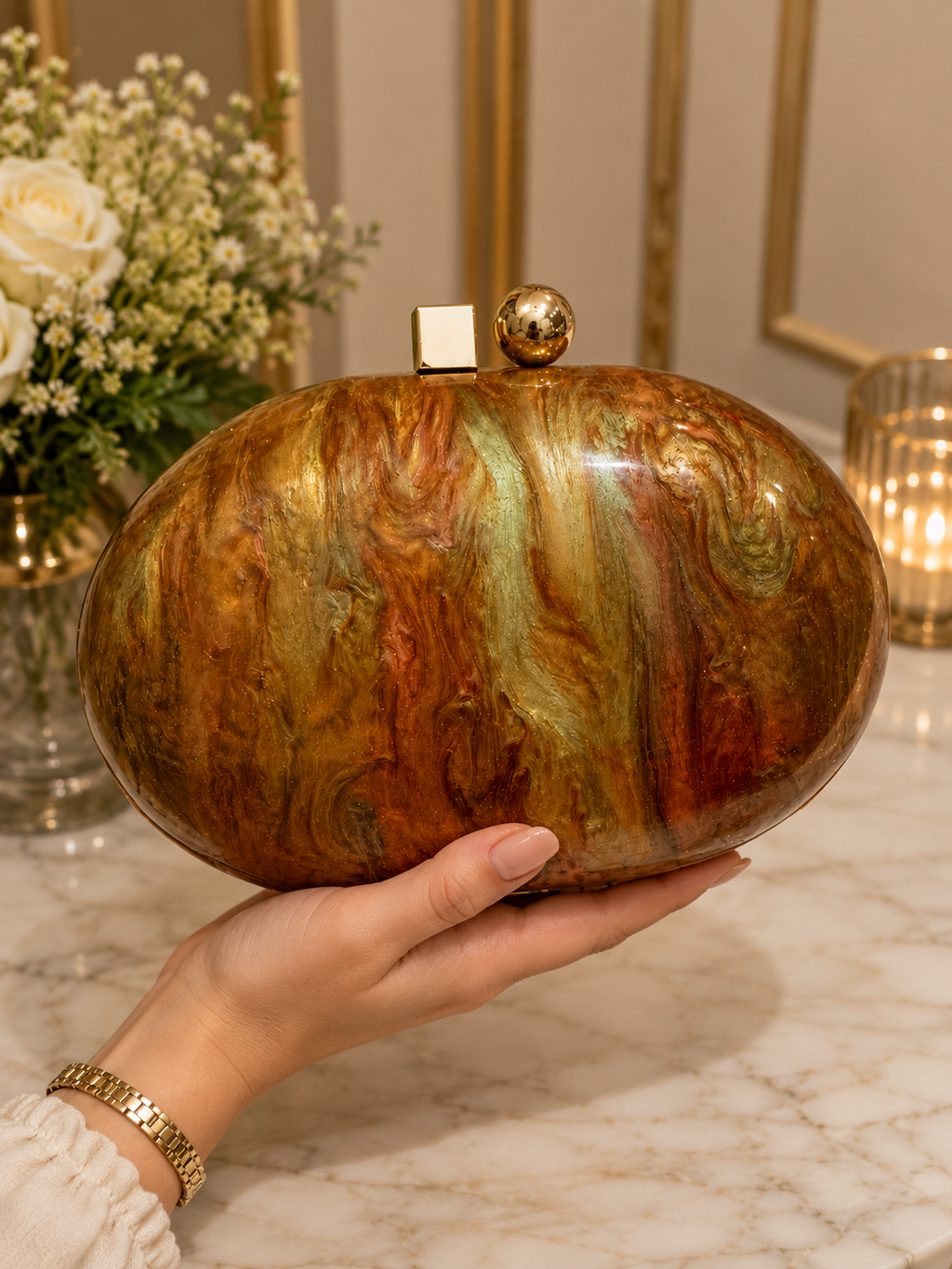 Glitter oval acrylic luxury box clutch
