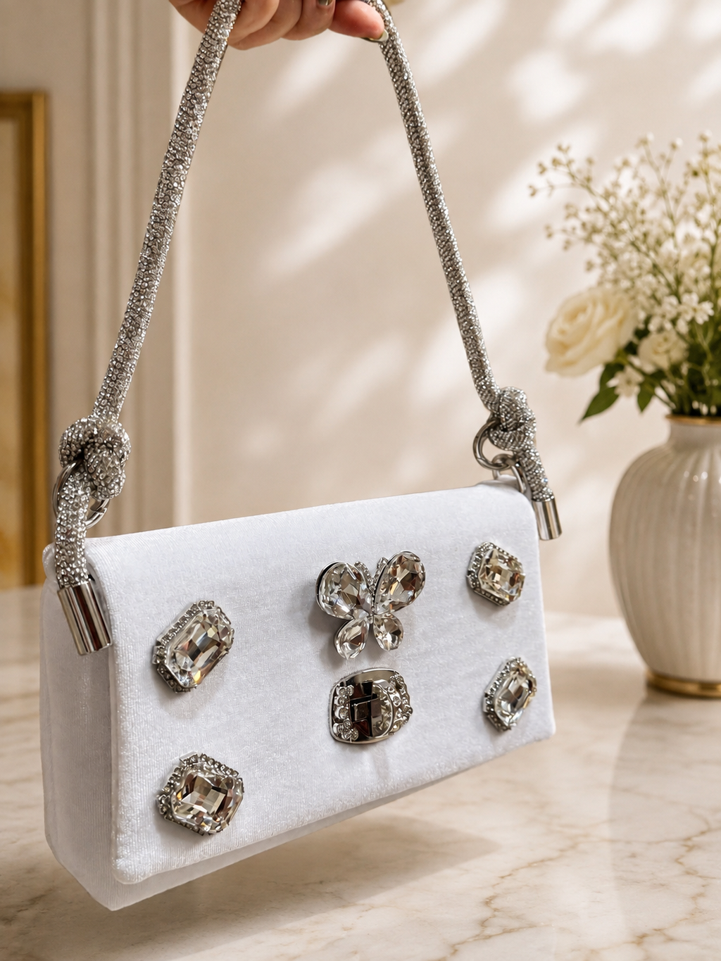 Elegant Crystal Embellished White Shoulder Bag