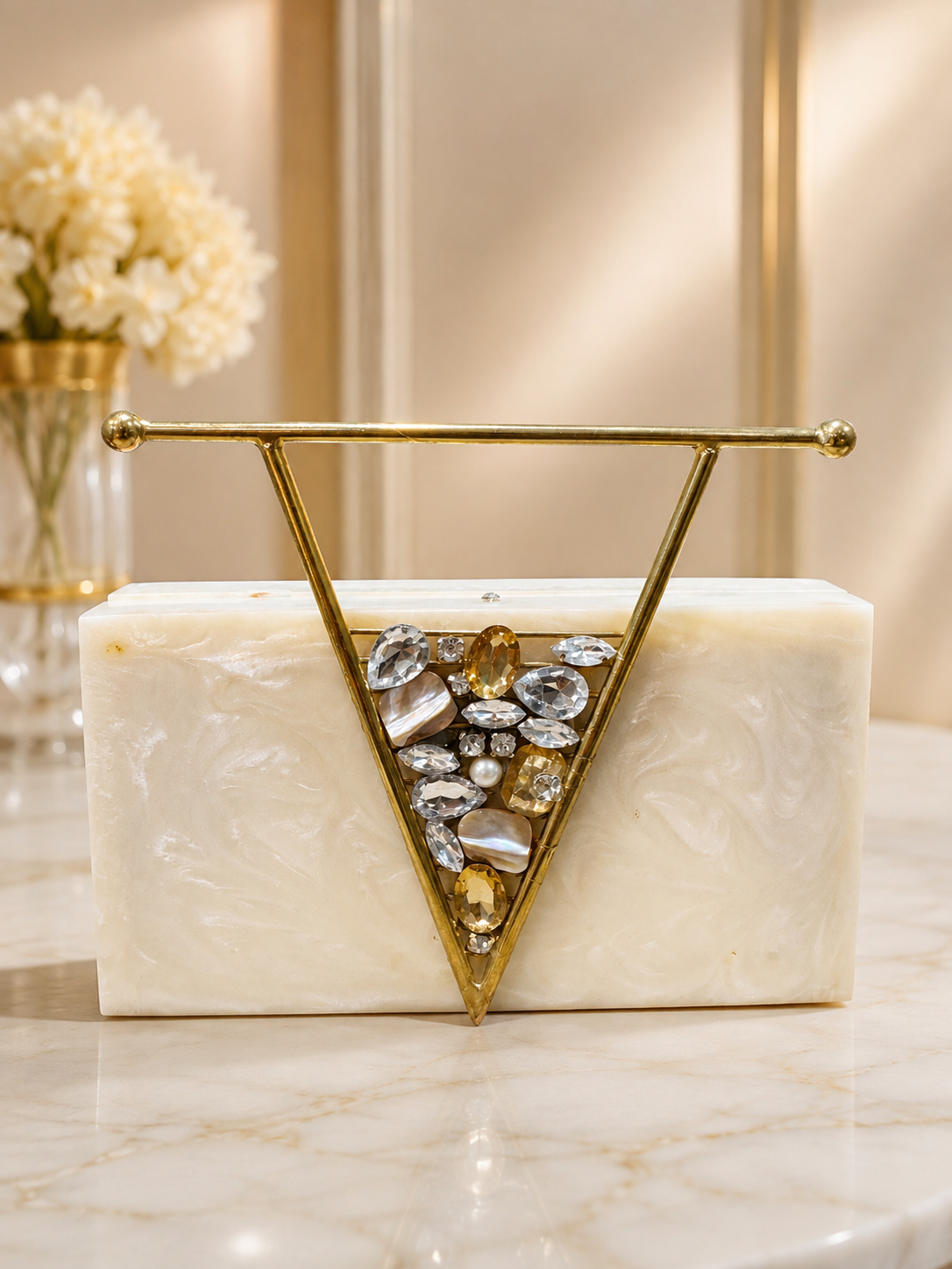 Ivory Luxe V-Frame Crystal Clutch