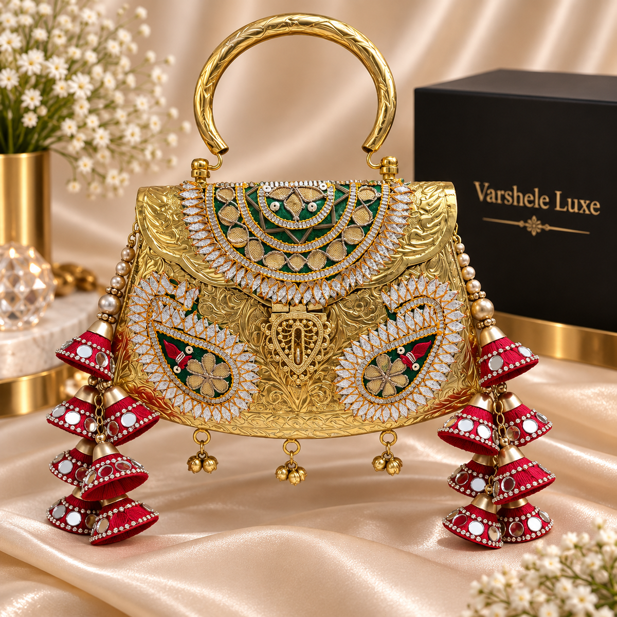 Varshele Luxe Royal Embellished Gold Metal Handbag