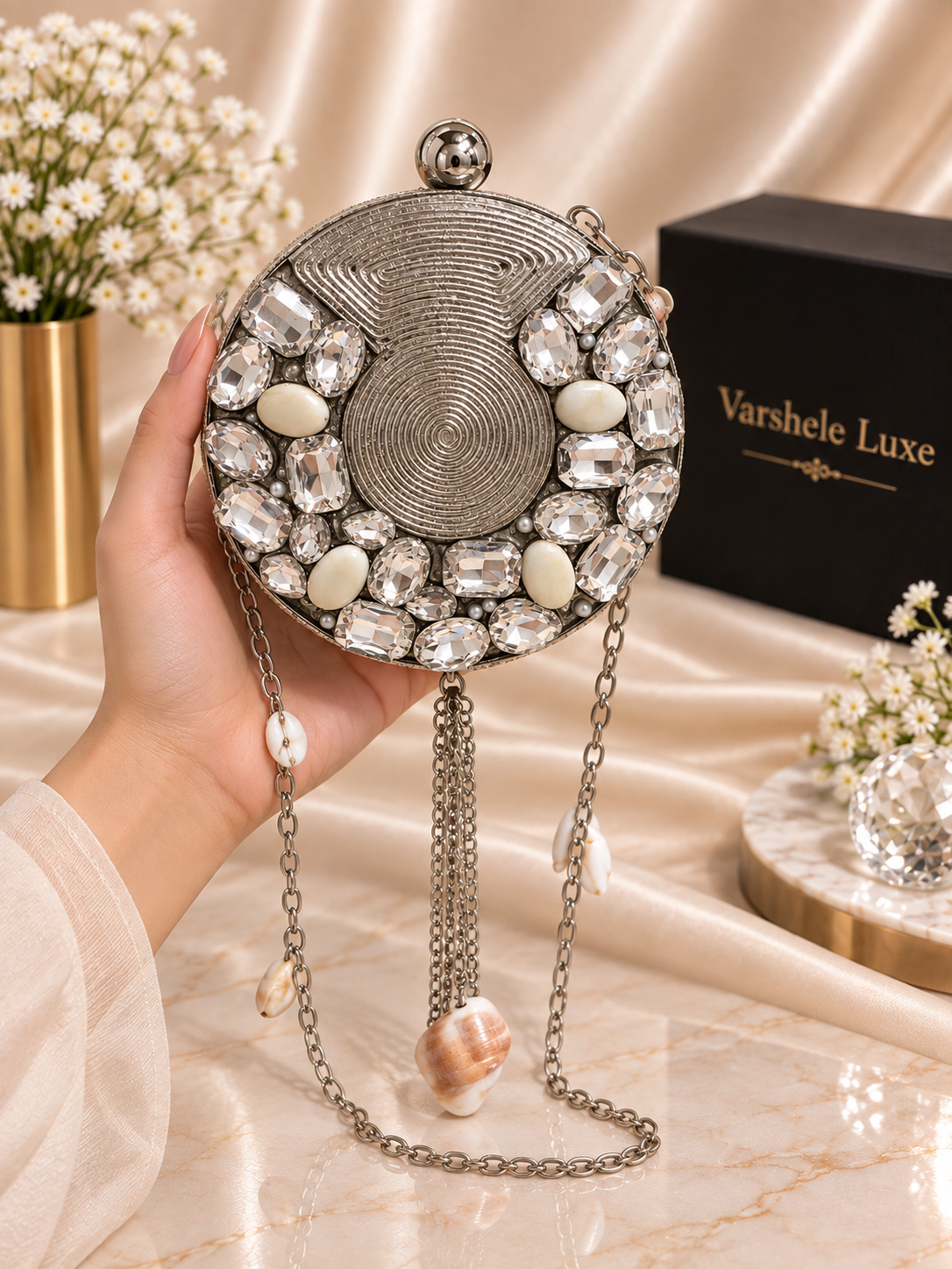 Varshele Luxe Silver Crystal Circle Mini Clutch