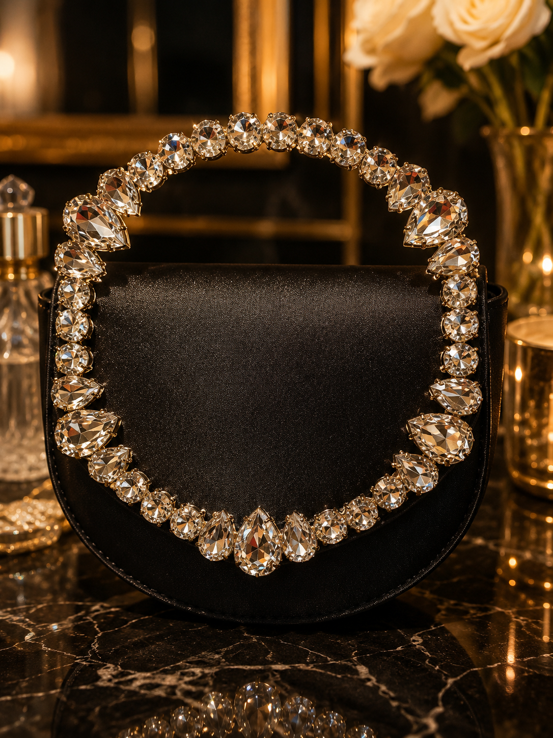 Luxury shiny Crystal handle stone hand bag