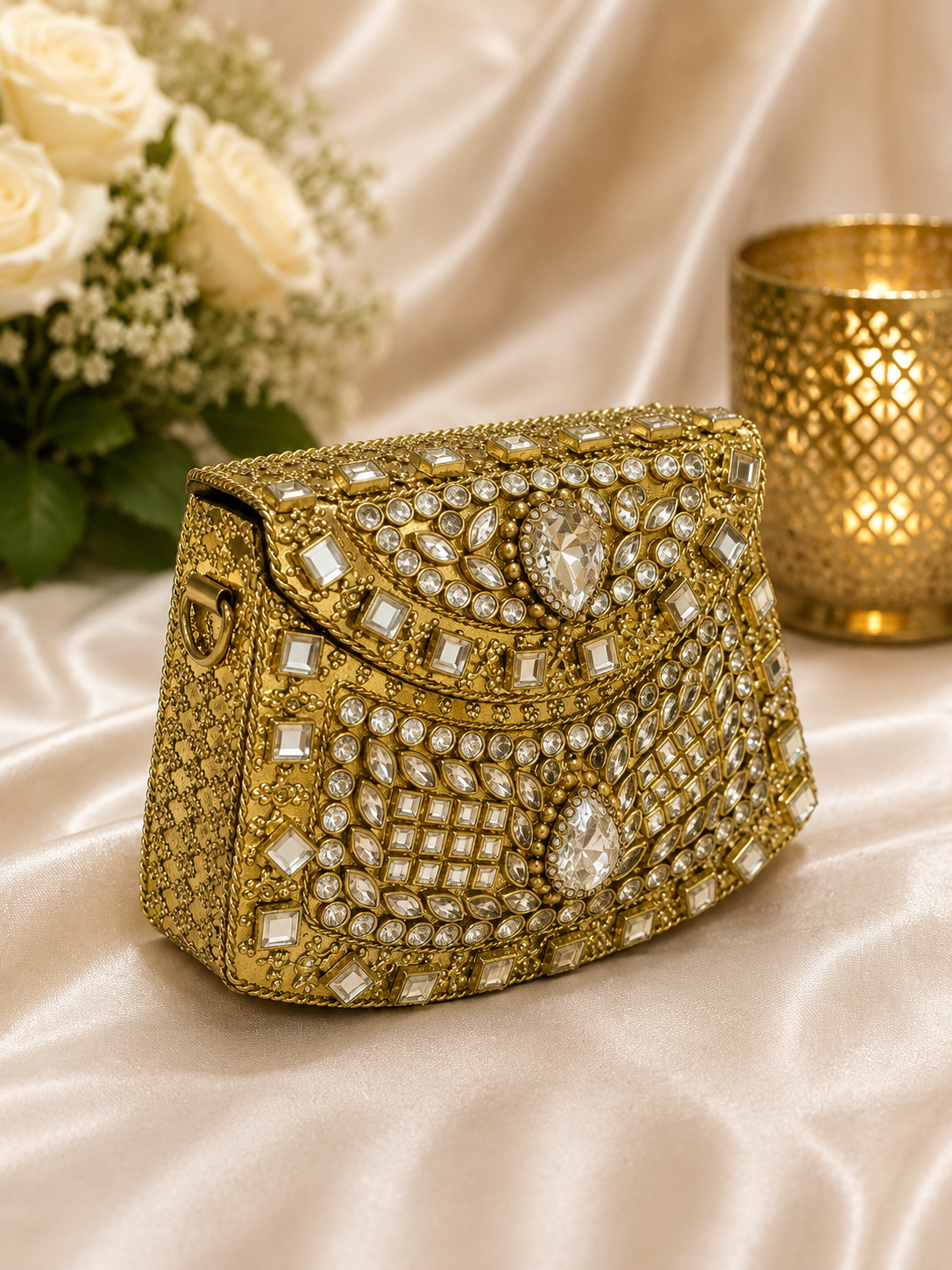 Gold Crystal Embellished mini metal Clutch