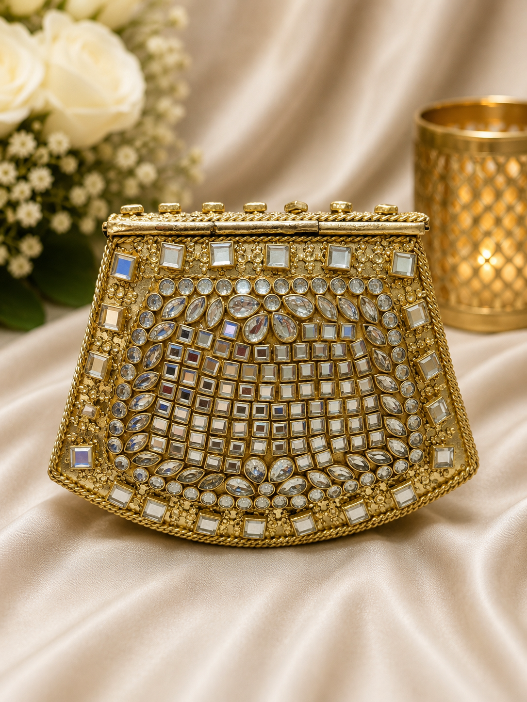 Gold Crystal Embellished mini metal Clutch