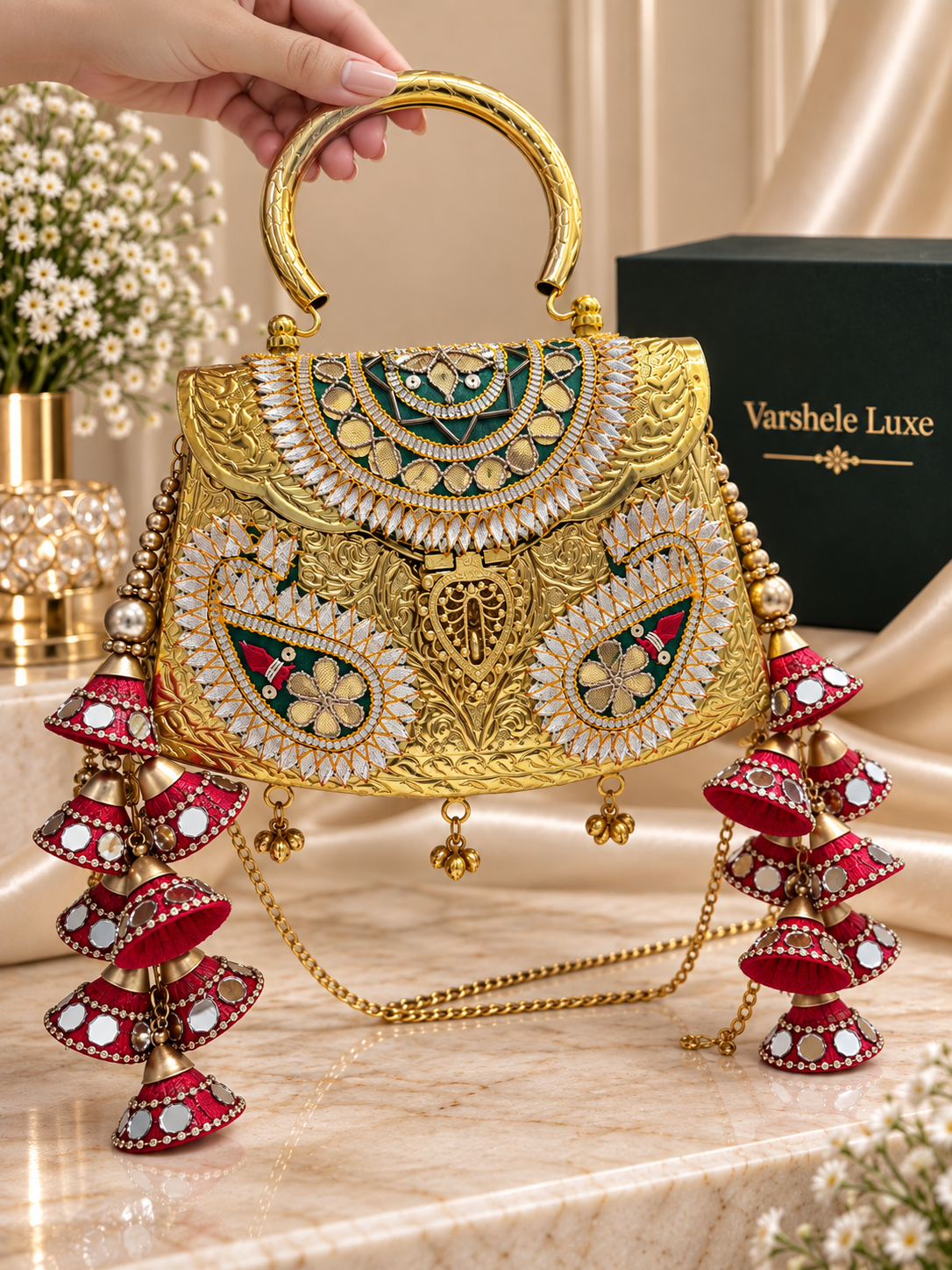 Varshele Luxe Royal Embellished Gold Metal Handbag