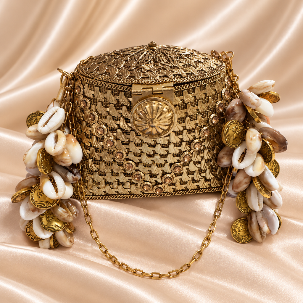 Varshele Luxe Golden Shell Charm Mini Clutch
