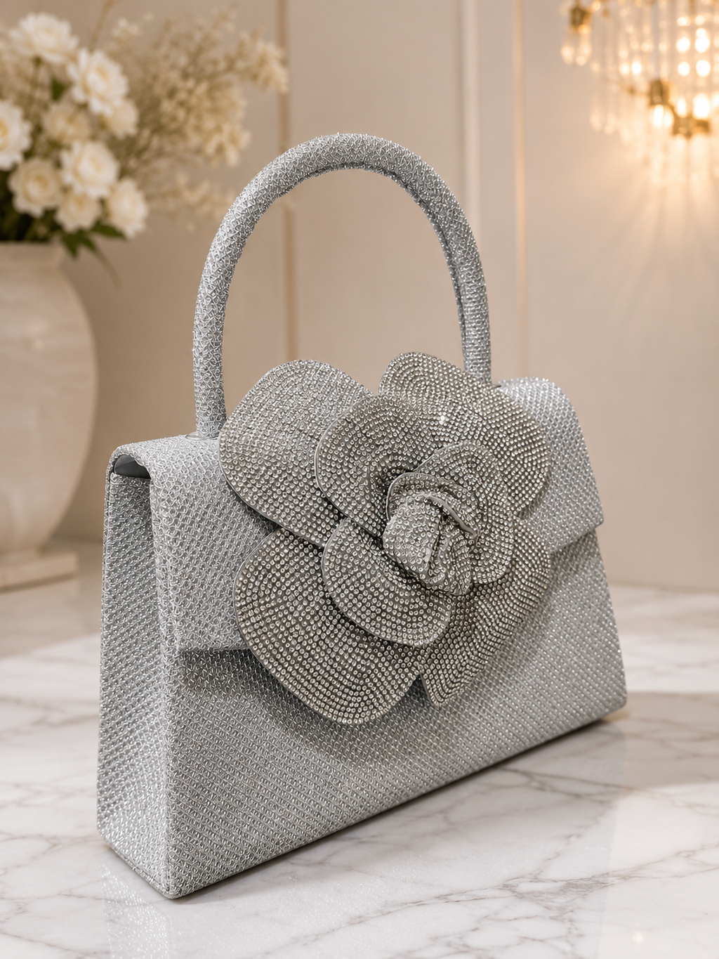 Silver Bloom Crystal Handbag