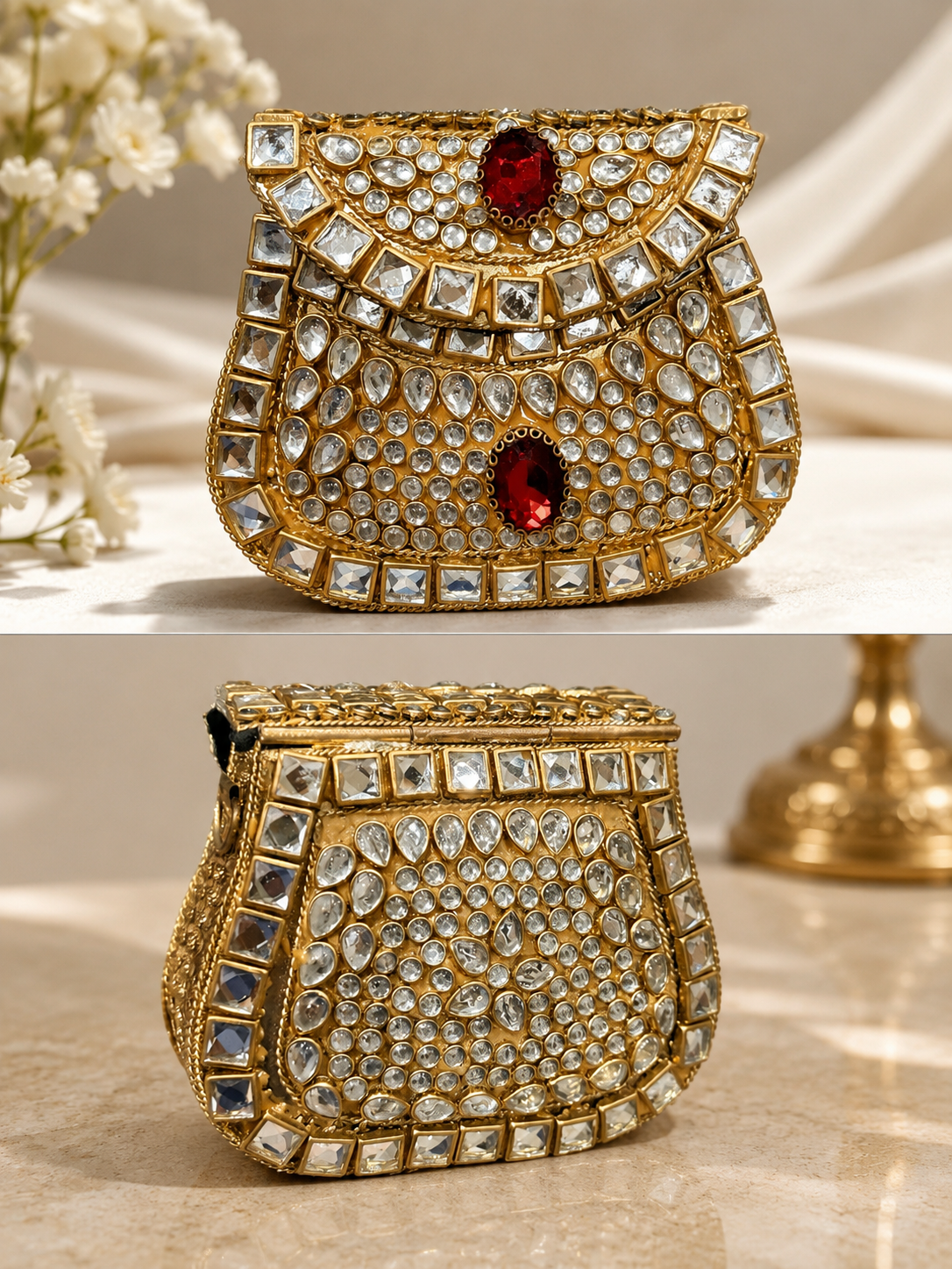 Small golden metal kundan clutch