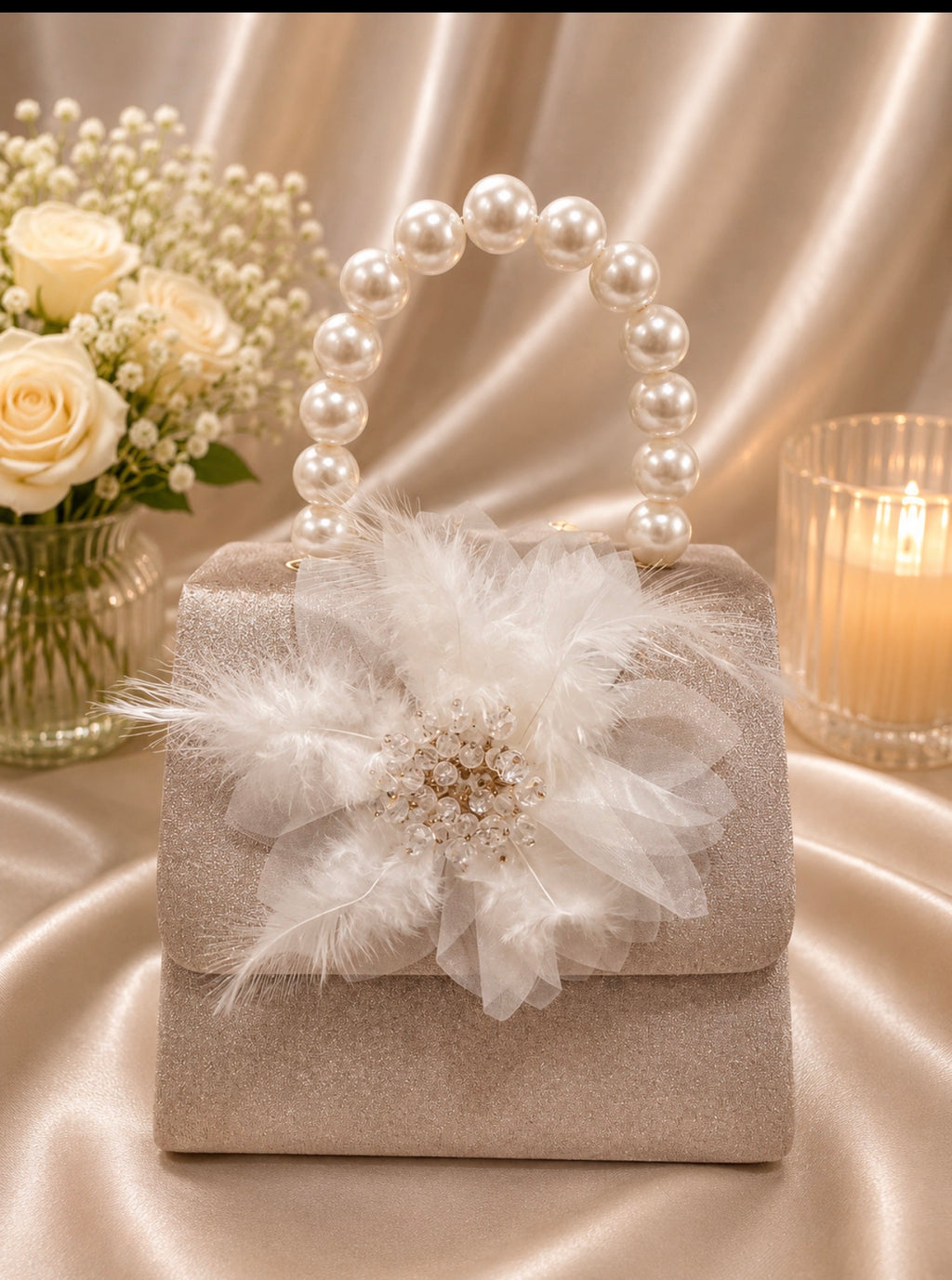 Gray Feather Pearl Handbag