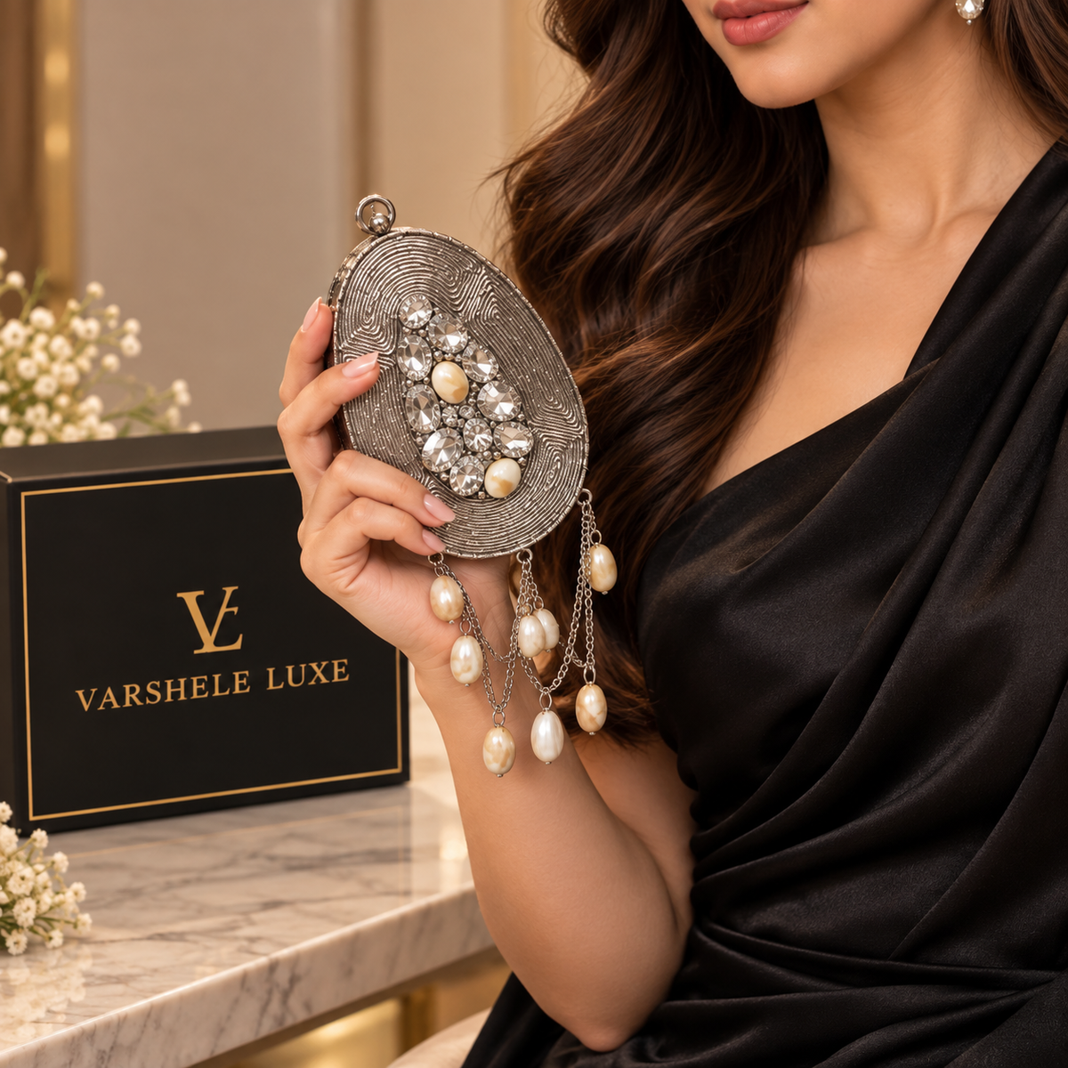 Pearl Cascade Embellished Mini Metal Clutch