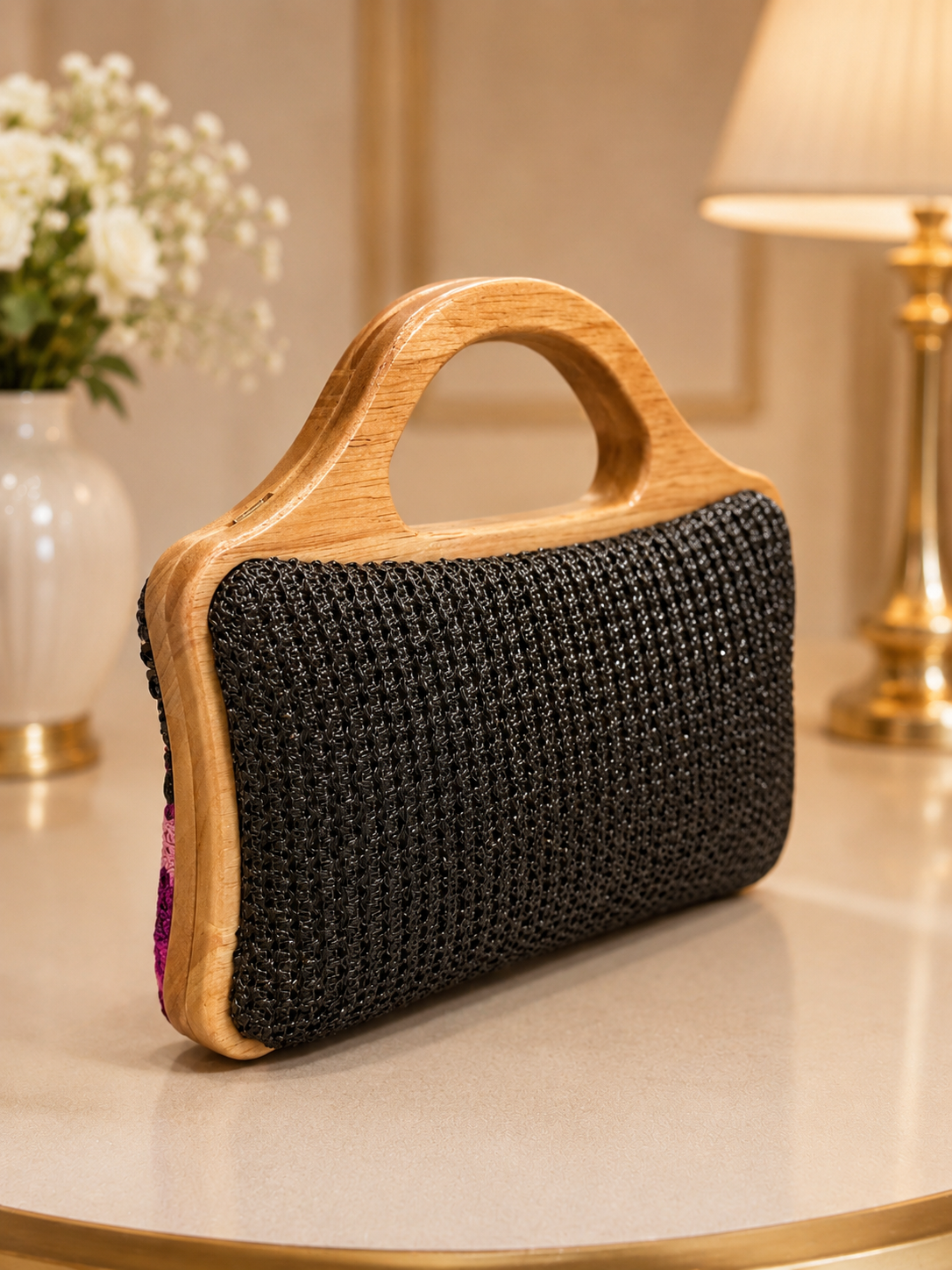 Floral Embroidered Wooden-Handle Handbag