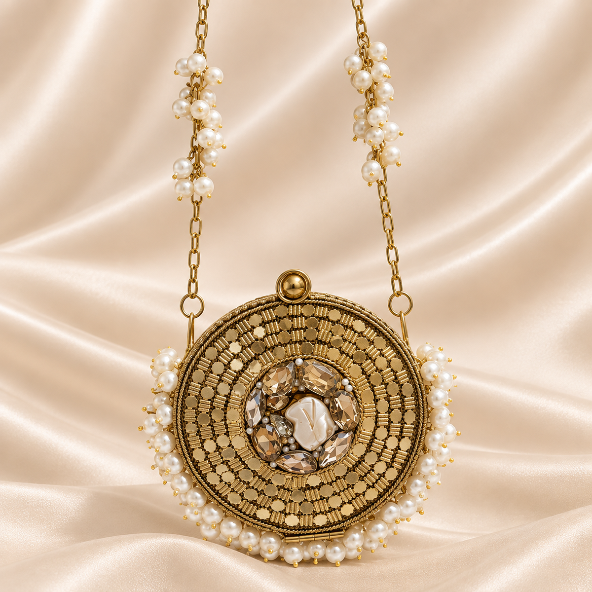Golden Pearl Round Luxe Mini Metal Clutch