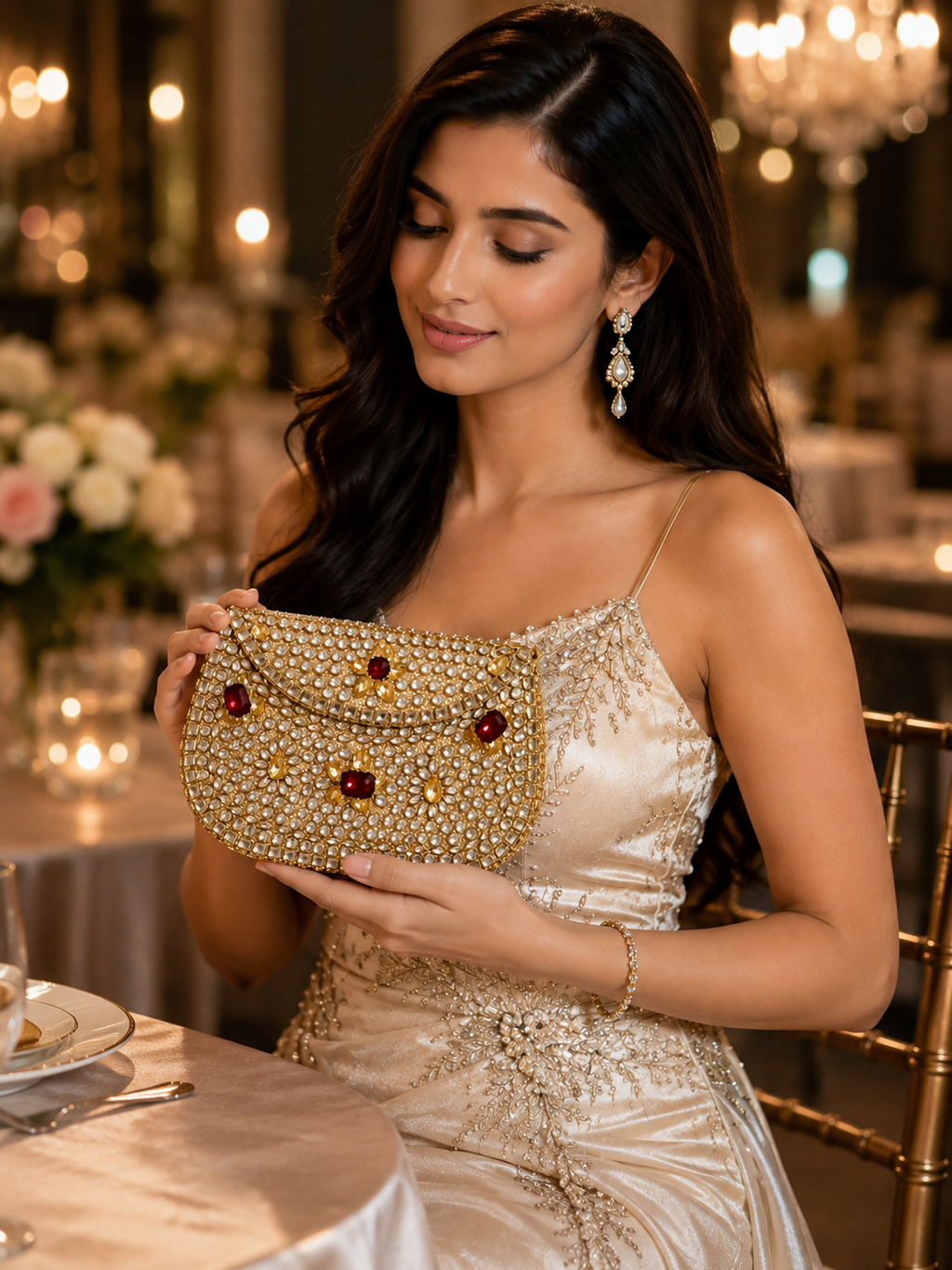 Ruby Crystal Gold metal Clutch