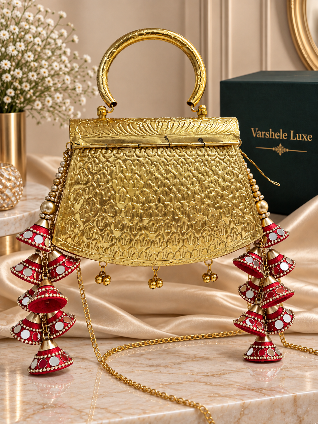 Varshele Luxe Royal Embellished Gold Metal Handbag