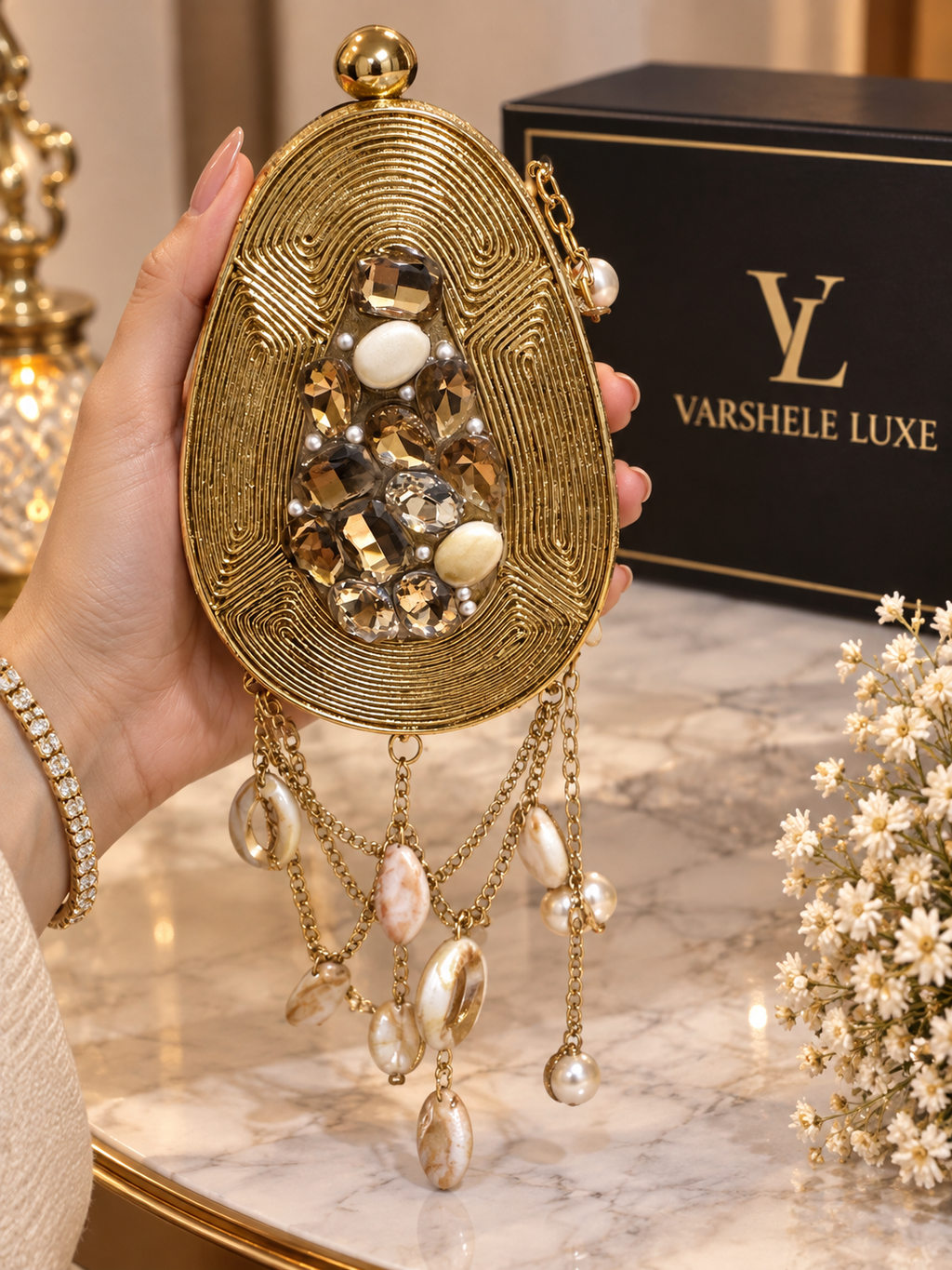 Golden Pearl Elegance Mini Metal Clutch