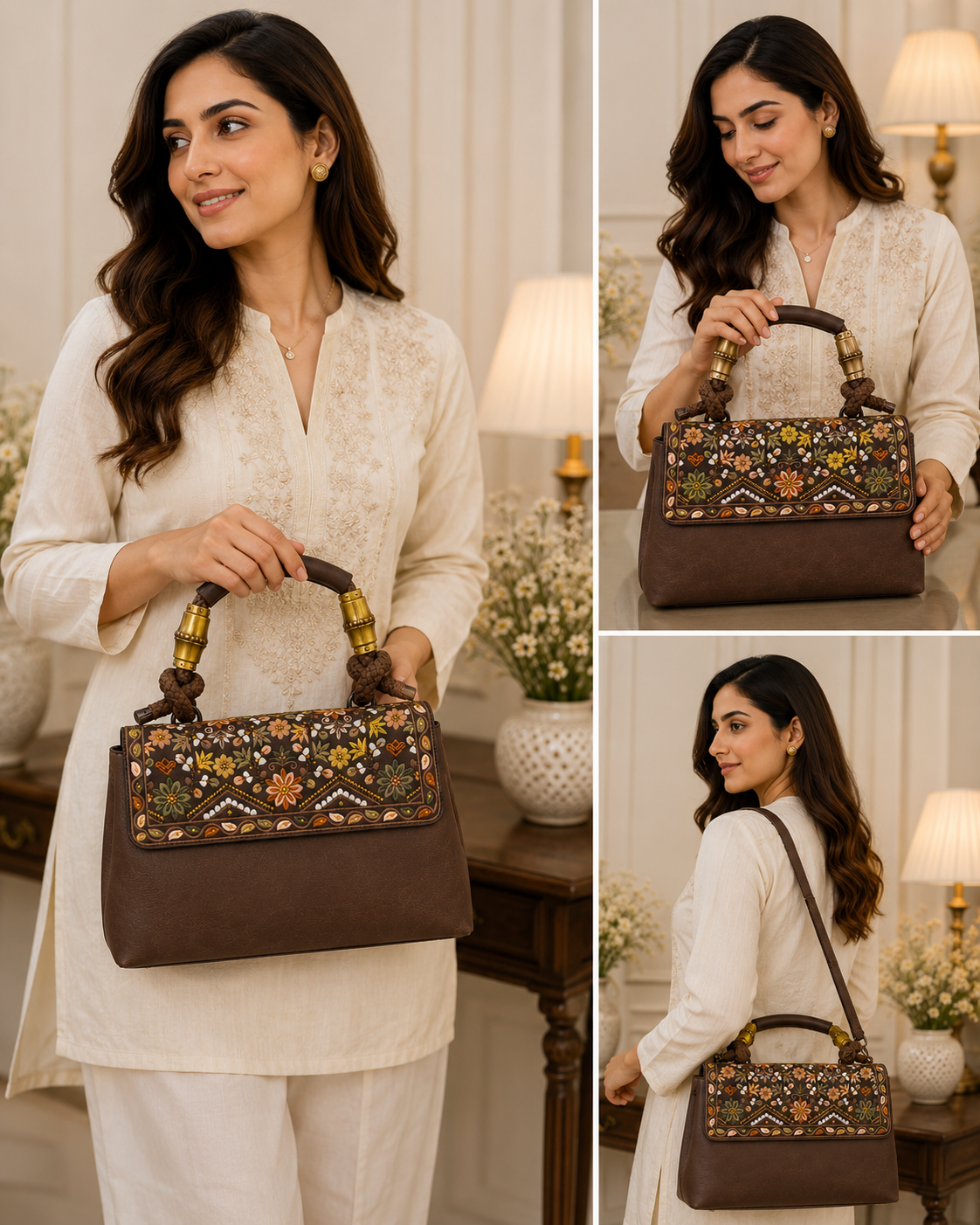 Floral Heritage Bamboo Handle Satchel