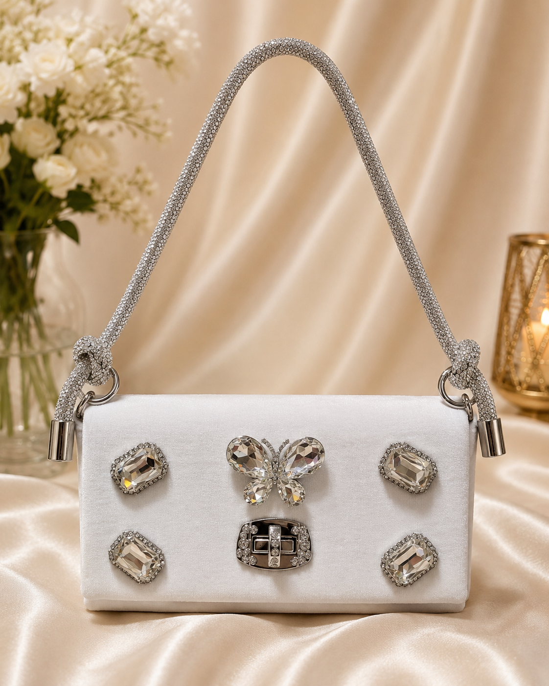 Elegant Crystal Embellished White Shoulder Bag