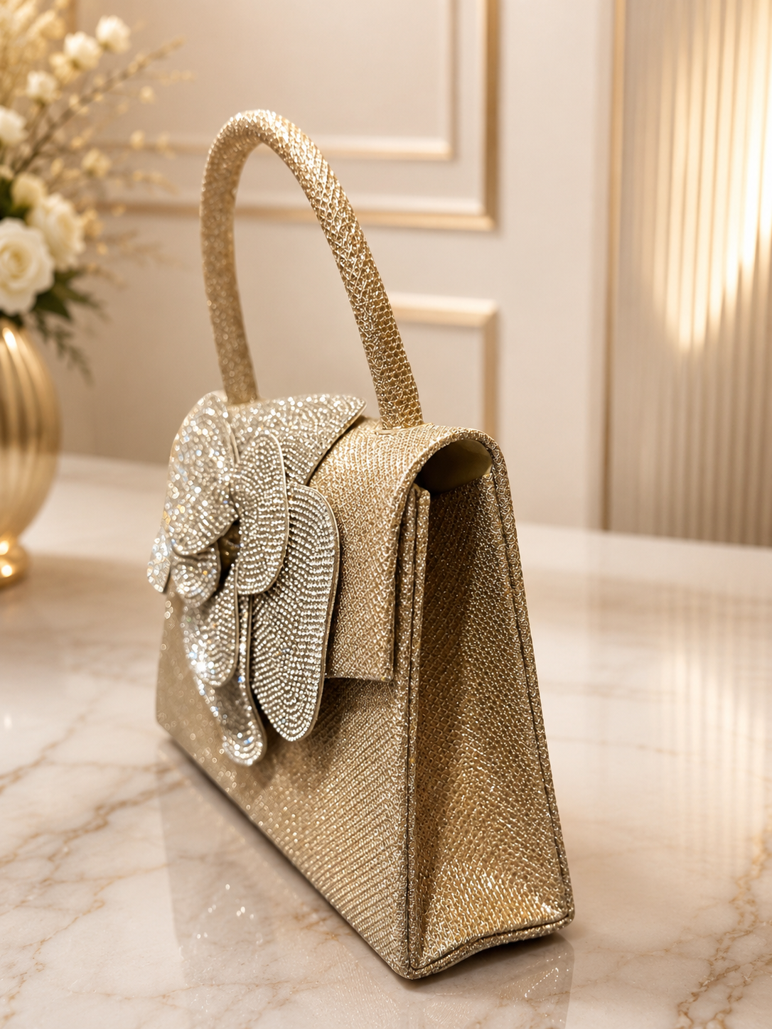 Golden Bloom Crystal Handbag