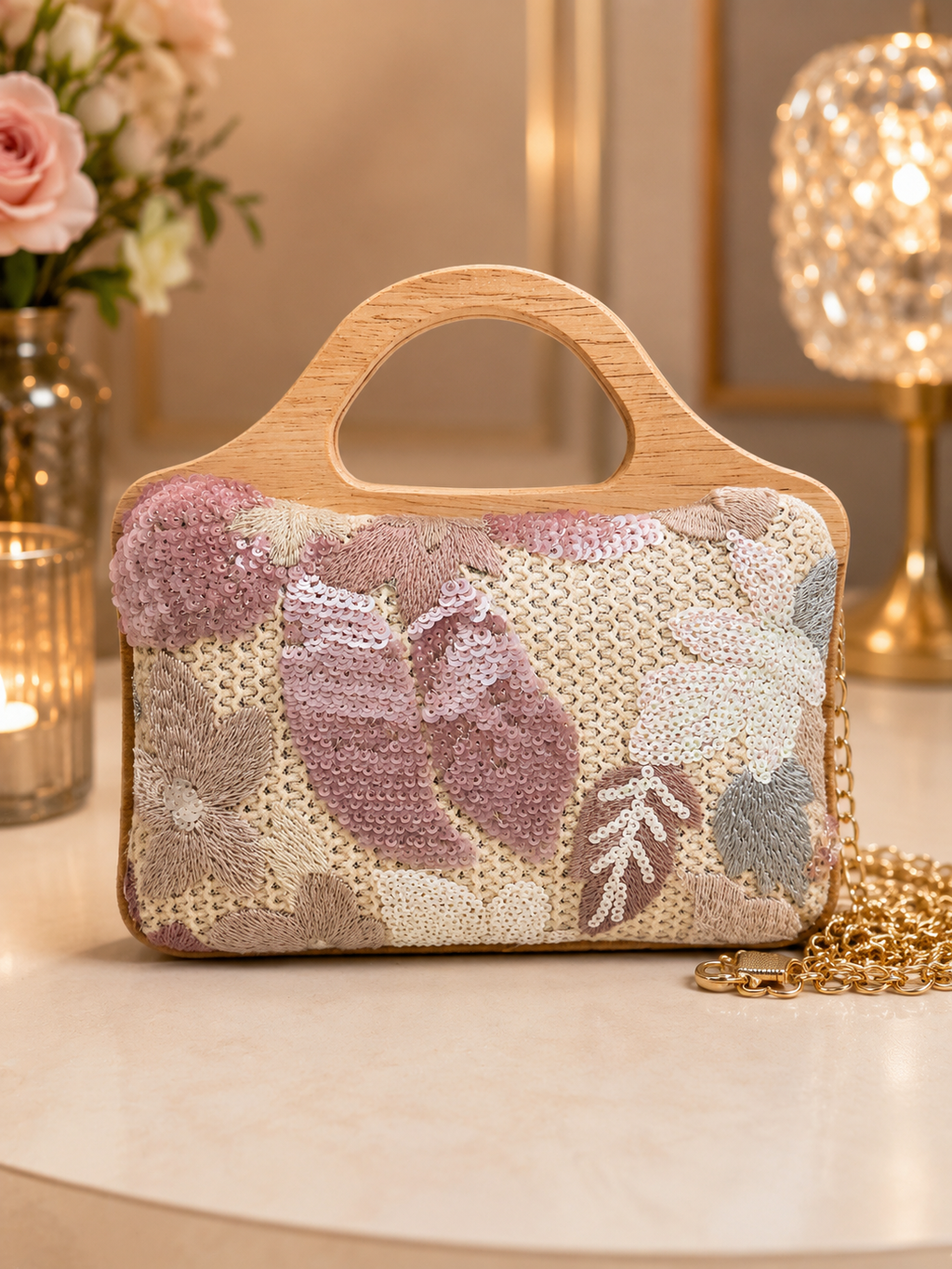 Floral Sequin Artisan Wooden-Handle Handbag