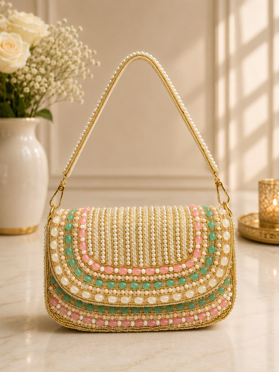 Pearl Blossom Beaded Shoulder Bag