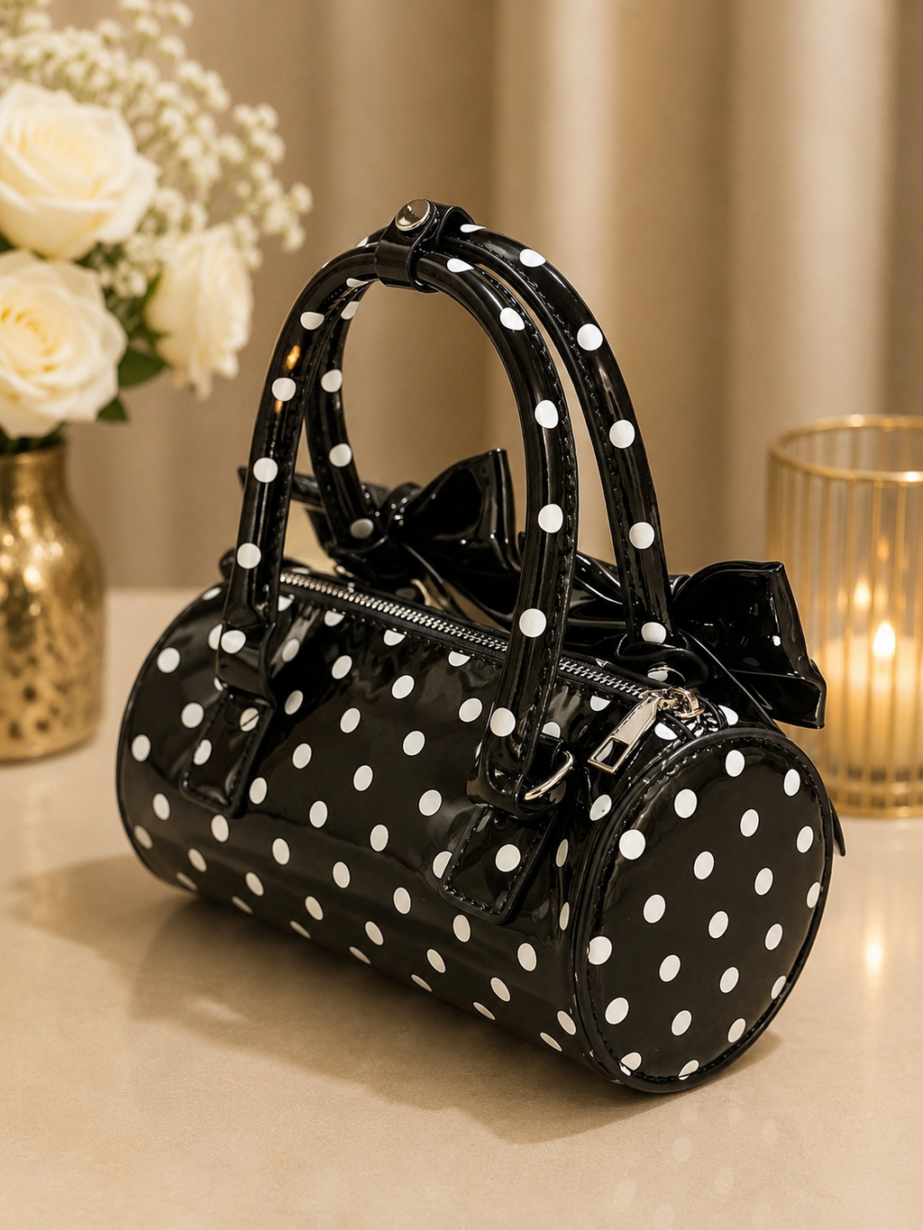 Polka Bow Barrel Handbag