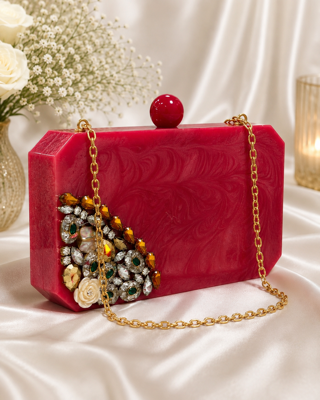 Elegant Ruby Red Bloom Embellished Resin Clutch