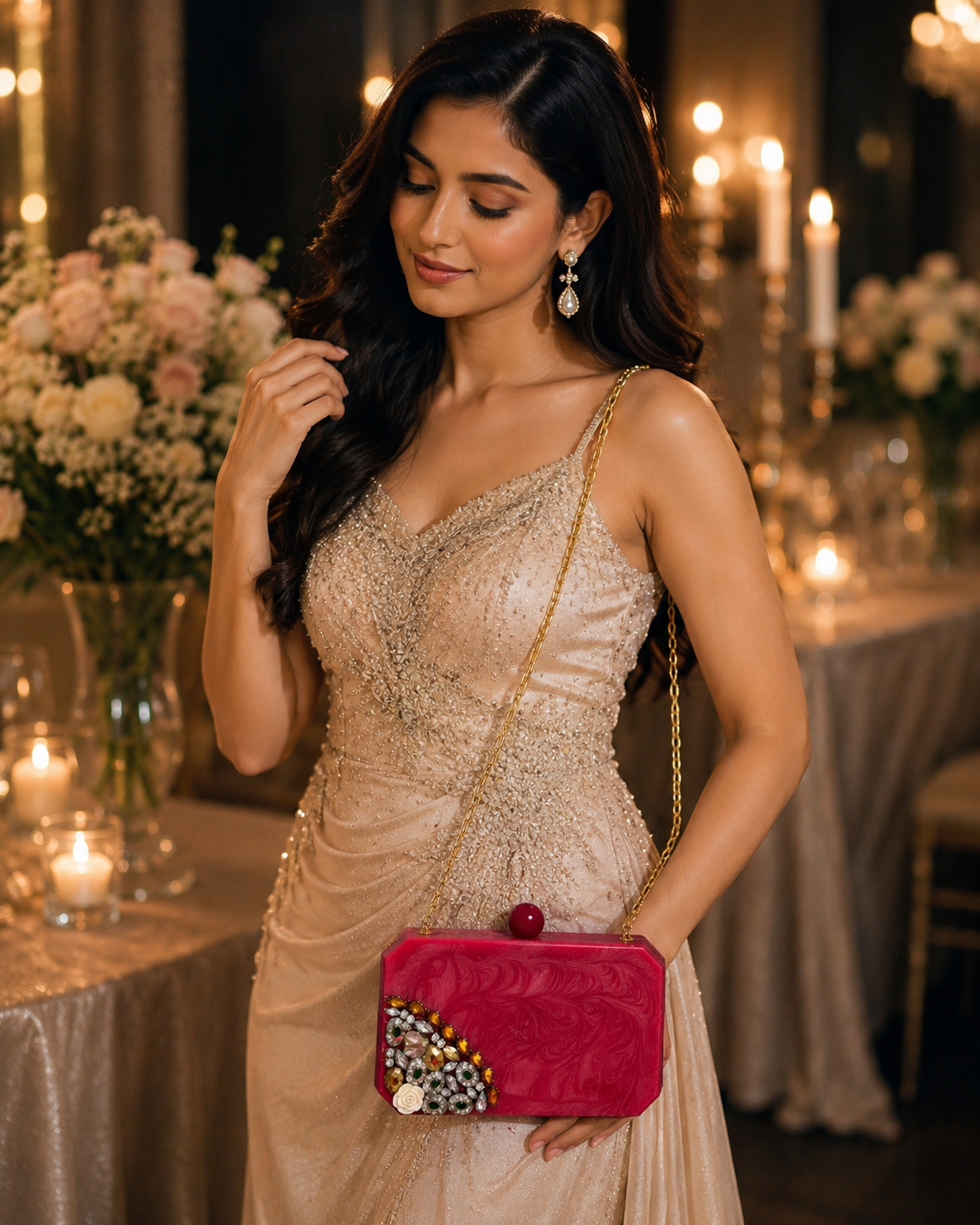 Elegant Ruby Red Bloom Embellished Resin Clutch