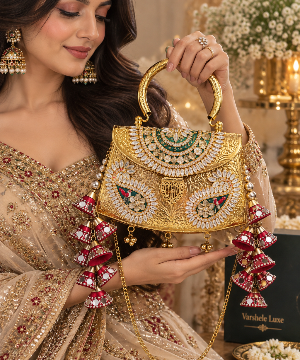 Varshele Luxe Royal Embellished Gold Metal Handbag