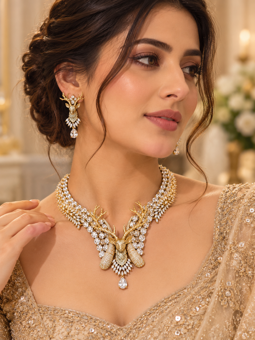 Golden Stag Royal Crystal Necklace Set